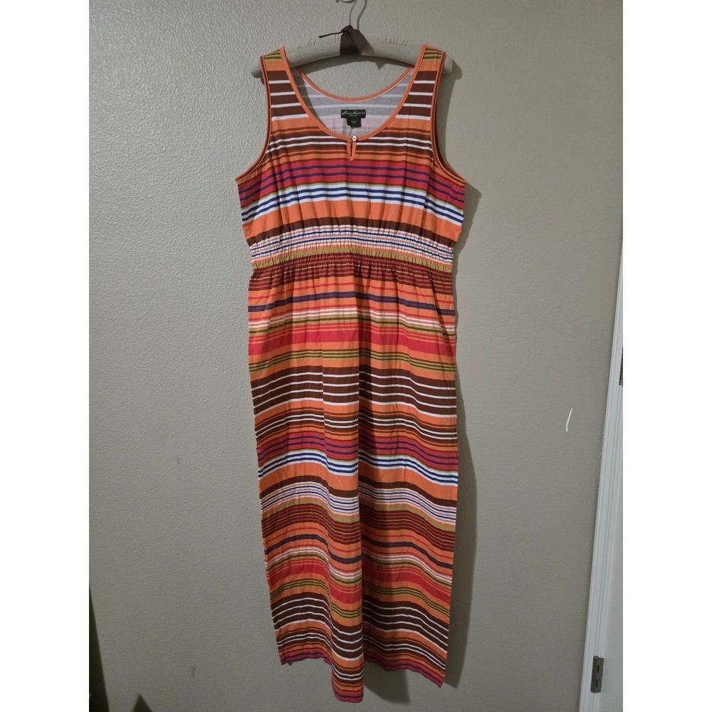 Eddie Bauer Womens Striped Cotton Sleeveless Maxi Dress Orange Brown XL